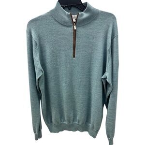 Peter Millar Men’s Embroidered Cyan Blue Merino Wool 1/4 Zip Sweater Sz L EUC